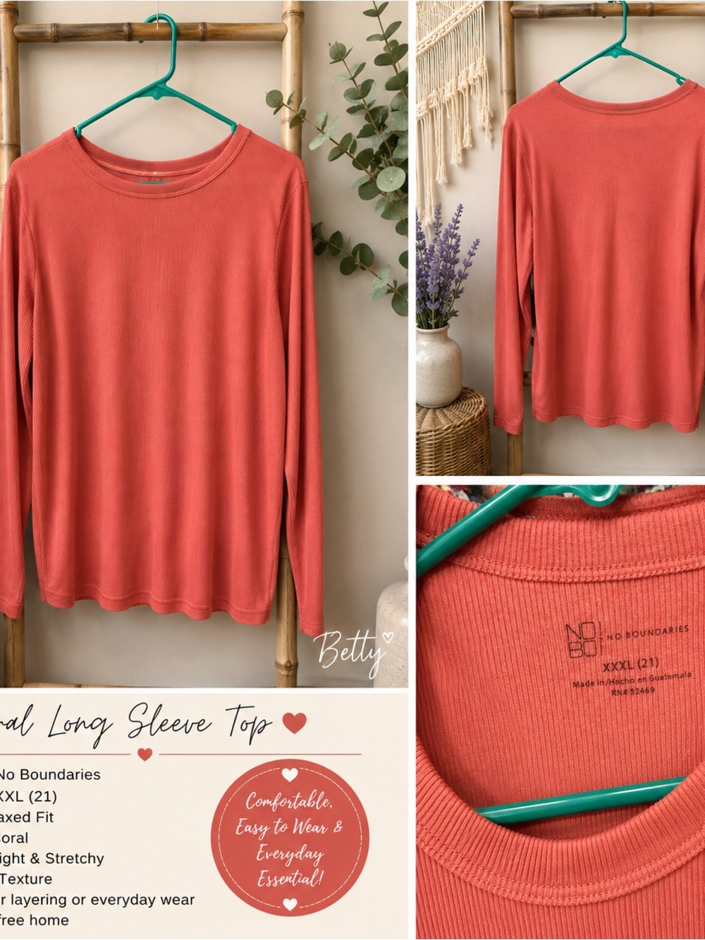 No Boundaries Coral Ribbed Long Sleeve Crewneck Top